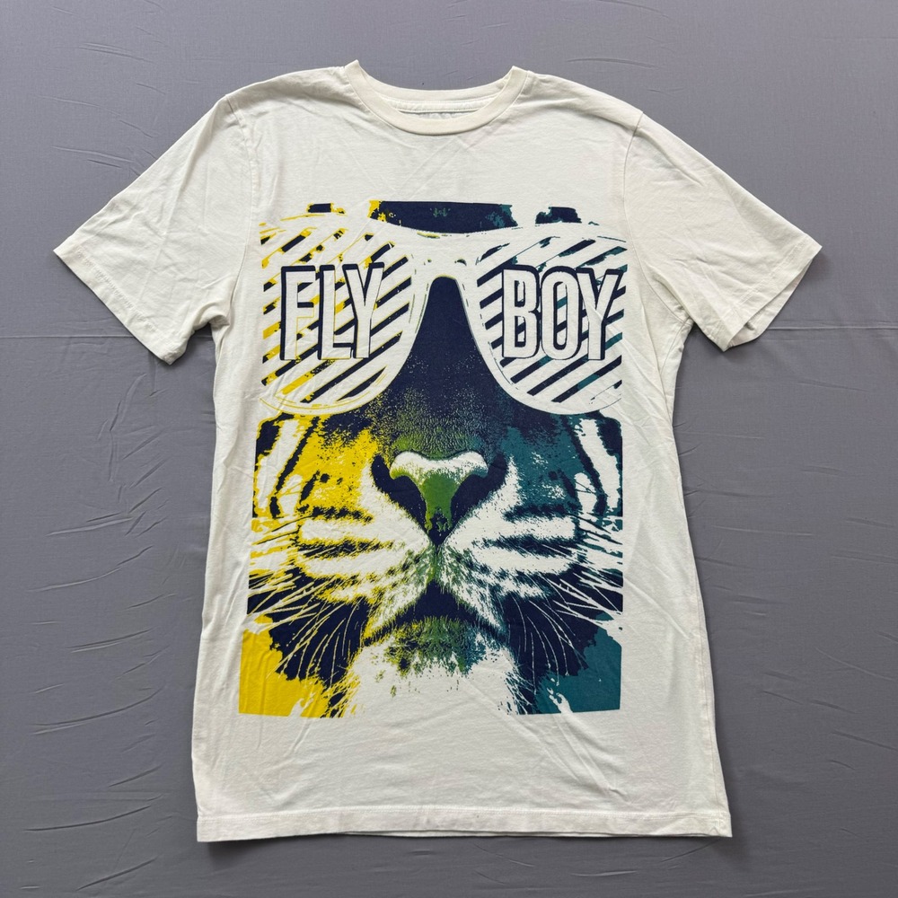 21 Men Fly Boy Tiger‎ Graphic T-Shirt Mens Small Cream Short Sleeve Crewneck